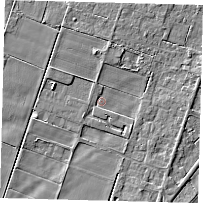 Shaded relief map of the ground around PE60DW, computed from Environment Agency LiDAR. The ground here sits at about 1 m above sea level and falls 5 m across the surrounding 800 m. Surface water reaching this point runs off ground lying to the south-east, 2.8 m higher.