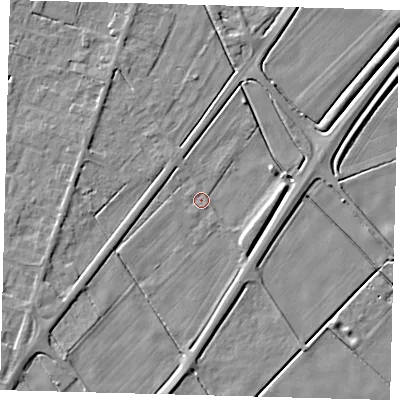 Shaded relief map of the ground around PE60EY, computed from Environment Agency LiDAR. The ground here sits at about 1 m above sea level and falls 4 m across the surrounding 800 m. Surface water reaching this point runs off ground lying to the north-north-east, 0.7 m higher.