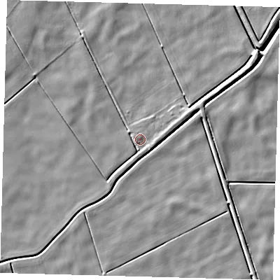 Shaded relief map of the ground around PE60FA, computed from Environment Agency LiDAR. The ground here sits at about 1 m above sea level and falls 5 m across the surrounding 800 m. Surface water reaching this point runs off ground lying to the north-north-west, 2.3 m higher.