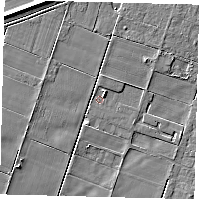 Shaded relief map of the ground around PE60FB, computed from Environment Agency LiDAR. The ground here sits at about 2 m above sea level and falls 7 m across the surrounding 800 m. Surface water reaching this point runs off ground lying to the north-east, 2.5 m higher.