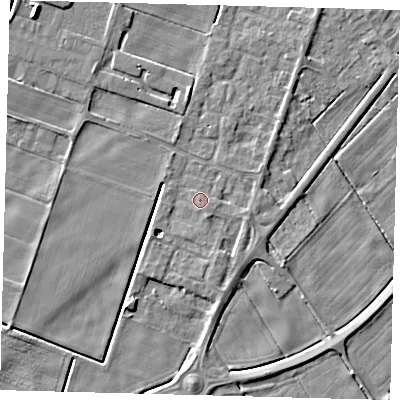 Shaded relief map of the ground around PE60FD, computed from Environment Agency LiDAR. The ground here sits at about 2 m above sea level and falls 5 m across the surrounding 800 m. Surface water reaching this point runs off ground lying to the south-south-east, 1.7 m higher.