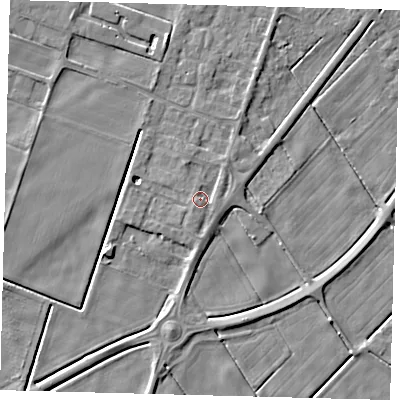 Shaded relief map of the ground around PE60FE, computed from Environment Agency LiDAR. The ground here sits at about 2 m above sea level and falls 4 m across the surrounding 800 m. Surface water reaching this point runs off ground lying to the south-south-east, 1.4 m higher.