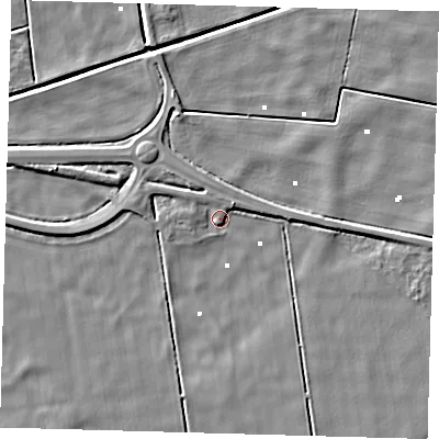 Shaded relief map of the ground around PE60FF, computed from Environment Agency LiDAR. The ground here sits at about 1 m above sea level and falls 5 m across the surrounding 800 m. Surface water reaching this point runs off ground lying to the north-east, 2.5 m higher.