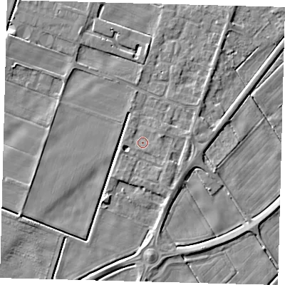Shaded relief map of the ground around PE60FG, computed from Environment Agency LiDAR. The ground here sits at about 1 m above sea level and falls 4 m across the surrounding 800 m. Surface water reaching this point runs off ground lying to the south-east, 1.5 m higher.