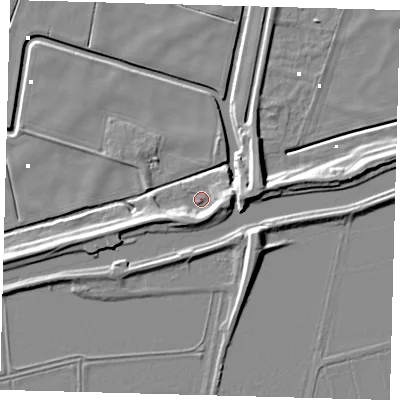 Shaded relief map of the ground around PE60FH, computed from Environment Agency LiDAR. The ground here sits at about 1 m above sea level and falls 10 m across the surrounding 800 m. Surface water reaching this point runs off ground lying to the east, 5.7 m higher.