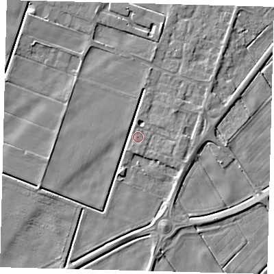 Shaded relief map of the ground around PE60FJ, computed from Environment Agency LiDAR. The ground here sits at about 1 m above sea level and falls 4 m across the surrounding 800 m. Surface water reaching this point runs off ground lying to the south, 2.6 m higher.