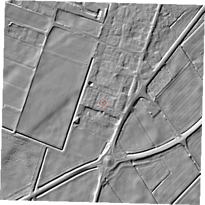 Shaded relief map of the ground around PE60FL, computed from Environment Agency LiDAR. The ground here sits at about 1 m above sea level and falls 4 m across the surrounding 800 m. Surface water reaching this point runs off ground lying to the east-north-east, 3.1 m higher.