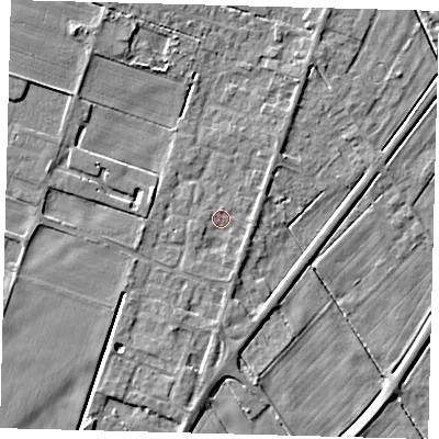 Shaded relief map of the ground around PE60FN, computed from Environment Agency LiDAR. The ground here sits at about 1 m above sea level and falls 4 m across the surrounding 800 m. Surface water reaching this point runs off ground lying to the east-north-east, 1.5 m higher.