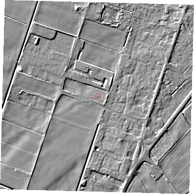 Shaded relief map of the ground around PE60FW, computed from Environment Agency LiDAR. The ground here sits at about 1 m above sea level and falls 5 m across the surrounding 800 m. Surface water reaching this point runs off ground lying to the east-south-east, 0.8 m higher.