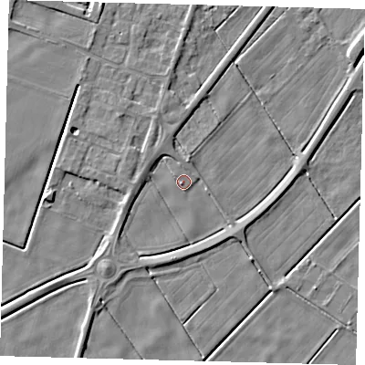 Shaded relief map of the ground around PE60GA, computed from Environment Agency LiDAR. The ground here sits at about 1 m above sea level and falls 4 m across the surrounding 800 m. Surface water reaching this point runs off ground lying to the north-east, 3.4 m higher.