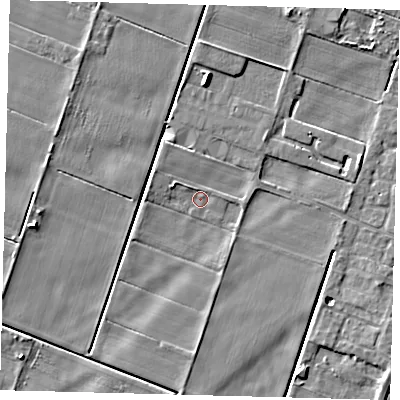 Shaded relief map of the ground around PE60GB, computed from Environment Agency LiDAR. The ground here sits at about 1 m above sea level and falls 5 m across the surrounding 800 m. Surface water reaching this point runs off ground lying to the east, 0.6 m higher.