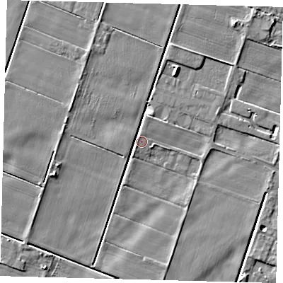 Shaded relief map of the ground around PE60GE, computed from Environment Agency LiDAR. The ground here sits at about 2 m above sea level and falls 5 m across the surrounding 800 m. Surface water reaching this point runs off ground lying to the north-north-east, 4.3 m higher.
