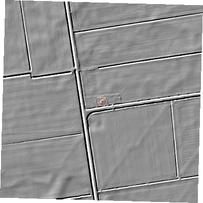 Shaded relief map of the ground around PE60GF, computed from Environment Agency LiDAR. The ground here sits at about 2 m above sea level and falls 4 m across the surrounding 800 m. Surface water reaching this point runs off ground lying to the west-north-west, 1.9 m higher.