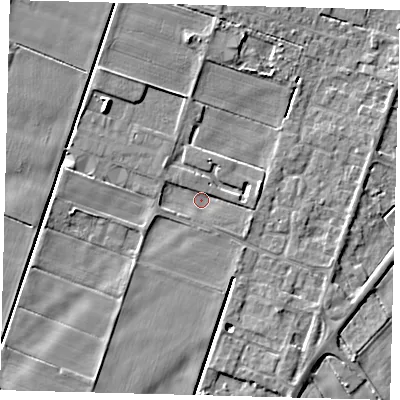 Shaded relief map of the ground around PE60GG, computed from Environment Agency LiDAR. The ground here sits at about 1 m above sea level and falls 5 m across the surrounding 800 m. Surface water reaching this point runs off ground lying to the north-north-east, 3.5 m higher.