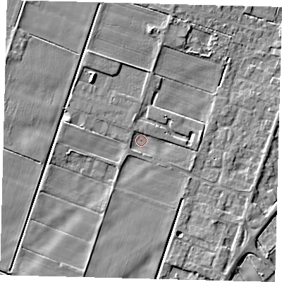 Shaded relief map of the ground around PE60GH, computed from Environment Agency LiDAR. The ground here sits at about 1 m above sea level and falls 5 m across the surrounding 800 m. Surface water reaching this point runs off ground lying to the north-north-west, 1.6 m higher.