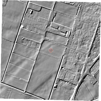 Shaded relief map of the ground around PE60GJ, computed from Environment Agency LiDAR. The ground here sits at about 1 m above sea level and falls 5 m across the surrounding 800 m. Surface water reaching this point runs off ground lying to the south-west, 0.9 m higher.