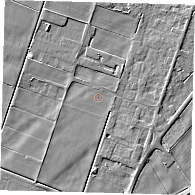 Shaded relief map of the ground around PE60GL, computed from Environment Agency LiDAR. The ground here sits at about 1 m above sea level and falls 5 m across the surrounding 800 m. Surface water reaching this point runs off ground lying to the north-east, 1.9 m higher.