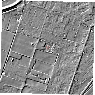 Shaded relief map of the ground around PE60GN, computed from Environment Agency LiDAR. The ground here sits at about 2 m above sea level and falls 7 m across the surrounding 800 m. Surface water reaching this point runs off ground lying to the west-north-west, 1.9 m higher.