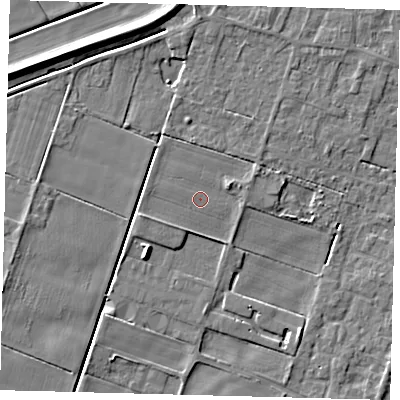 Shaded relief map of the ground around PE60GP, computed from Environment Agency LiDAR. The ground here sits at about 2 m above sea level and falls 7 m across the surrounding 800 m. Surface water reaching this point runs off ground lying to the west-south-west, 1.4 m higher.
