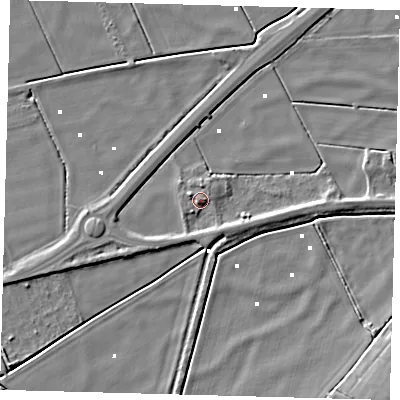 Shaded relief map of the ground around PE60GQ, computed from Environment Agency LiDAR. The ground here sits at about 2 m above sea level and falls 6 m across the surrounding 800 m. Surface water reaching this point runs off ground lying to the west-north-west, 2.5 m higher.
