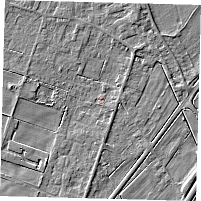 Shaded relief map of the ground around PE60GS, computed from Environment Agency LiDAR. The ground here sits at about 2 m above sea level and falls 5 m across the surrounding 800 m. Surface water reaching this point runs off ground lying to the south-east, 1.7 m higher.
