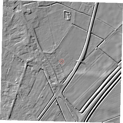 Shaded relief map of the ground around PE60GT, computed from Environment Agency LiDAR. The ground here sits at about 1 m above sea level and falls 6 m across the surrounding 800 m. Surface water reaching this point runs off ground lying to the west-north-west, 3.2 m higher.