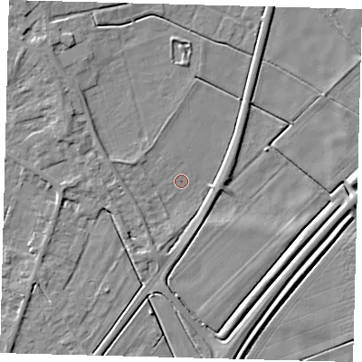 Shaded relief map of the ground around PE60GU, computed from Environment Agency LiDAR. The ground here sits at about 1 m above sea level and falls 5 m across the surrounding 800 m. Surface water reaching this point runs off ground lying to the west-north-west, 3.5 m higher.