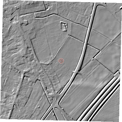 Shaded relief map of the ground around PE60GW, computed from Environment Agency LiDAR. The ground here sits at about 2 m above sea level and falls 6 m across the surrounding 800 m. Surface water reaching this point runs off ground lying to the west, 3.5 m higher.