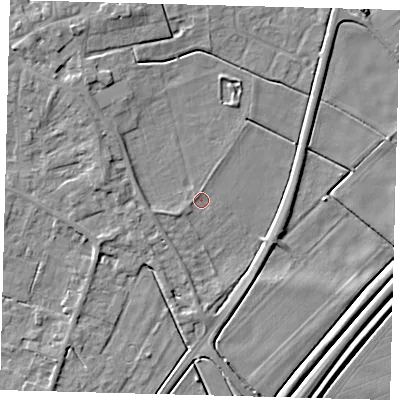 Shaded relief map of the ground around PE60GX, computed from Environment Agency LiDAR. The ground here sits at about 2 m above sea level and falls 6 m across the surrounding 800 m. Surface water reaching this point runs off ground lying to the west-south-west, 1.0 m higher.
