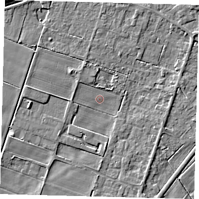 Shaded relief map of the ground around PE60GY, computed from Environment Agency LiDAR. The ground here sits at about 2 m above sea level and falls 7 m across the surrounding 800 m. Surface water reaching this point runs off ground lying to the south, 2.8 m higher.