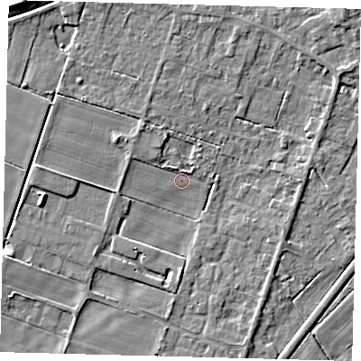 Shaded relief map of the ground around PE60GZ, computed from Environment Agency LiDAR. The ground here sits at about 1 m above sea level and falls 6 m across the surrounding 800 m. Surface water reaching this point runs off ground lying to the north-west, 2.8 m higher.