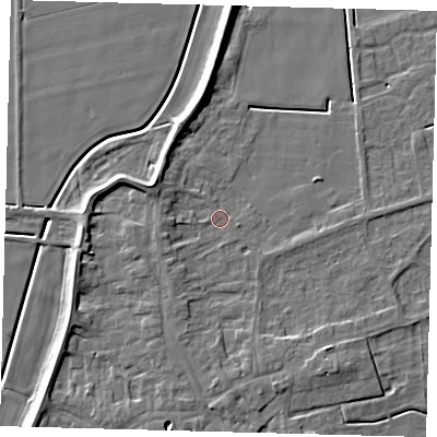 Shaded relief map of the ground around PE60HE, computed from Environment Agency LiDAR. The ground here sits at about 3 m above sea level and falls 7 m across the surrounding 800 m. Surface water reaching this point runs off ground lying to the west-south-west, 3.9 m higher.