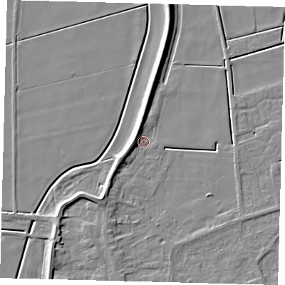 Shaded relief map of the ground around PE60HG, computed from Environment Agency LiDAR. The ground here sits at about 2 m above sea level and falls 7 m across the surrounding 800 m. Surface water reaching this point runs off ground lying to the west, 4.6 m higher.