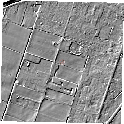 Shaded relief map of the ground around PE60HH, computed from Environment Agency LiDAR. The ground here sits at about 1 m above sea level and falls 7 m across the surrounding 800 m. Surface water reaching this point runs off ground lying to the south-south-east, 2.8 m higher.