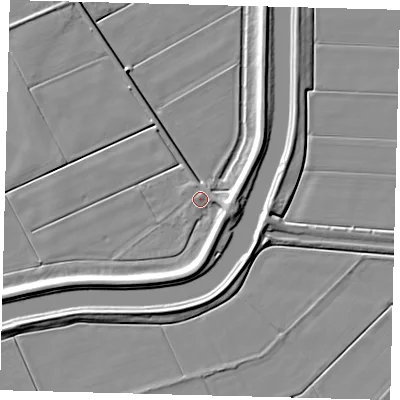 Shaded relief map of the ground around PE60HJ, computed from Environment Agency LiDAR. The ground here sits at about 2 m above sea level and falls 6 m across the surrounding 800 m. Surface water reaching this point runs off ground lying to the east-north-east, 2.0 m higher.