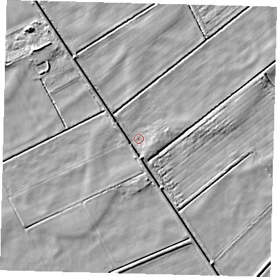Shaded relief map of the ground around PE60HL, computed from Environment Agency LiDAR. The ground here sits at about 2 m above sea level and falls 5 m across the surrounding 800 m. Surface water reaching this point runs off ground lying to the south-east, 2.9 m higher.