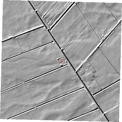 Shaded relief map of the ground around PE60HN, computed from Environment Agency LiDAR. The ground here sits at about 2 m above sea level and falls 4 m across the surrounding 800 m. Surface water reaching this point runs off ground lying to the west-north-west, 1.6 m higher.