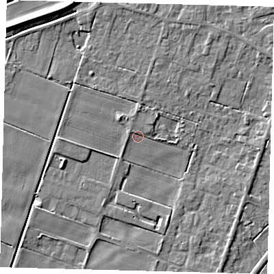 Shaded relief map of the ground around PE60HR, computed from Environment Agency LiDAR. The ground here sits at about 2 m above sea level and falls 7 m across the surrounding 800 m. Surface water reaching this point runs off ground lying to the north-north-west, 1.2 m higher.