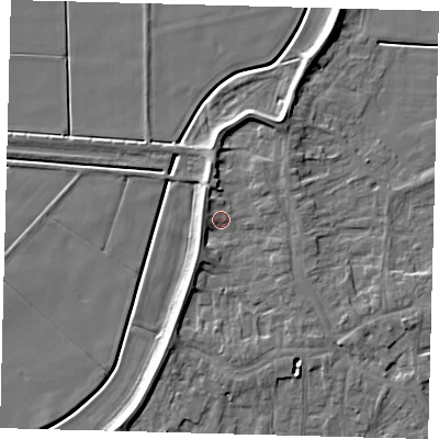 Shaded relief map of the ground around PE60HS, computed from Environment Agency LiDAR. The ground here sits at about 4 m above sea level and falls 6 m across the surrounding 800 m. Surface water reaching this point runs off ground lying to the south-south-west, 3.3 m higher.