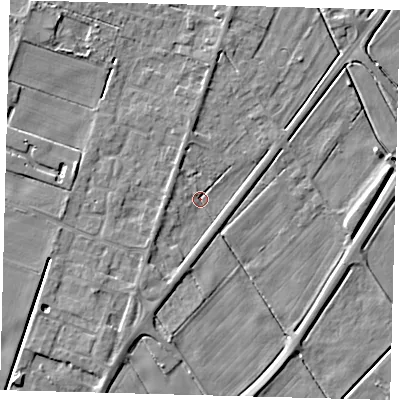 Shaded relief map of the ground around PE60HT, computed from Environment Agency LiDAR. The ground here sits at about 1 m above sea level and falls 4 m across the surrounding 800 m. Surface water reaching this point runs off ground lying to the west, 1.7 m higher.