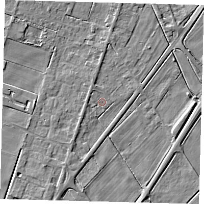 Shaded relief map of the ground around PE60HU, computed from Environment Agency LiDAR. The ground here sits at about 1 m above sea level and falls 4 m across the surrounding 800 m. Surface water reaching this point runs off ground lying to the west-north-west, 1.7 m higher.