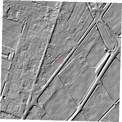 Shaded relief map of the ground around PE60HW, computed from Environment Agency LiDAR. The ground here sits at about 1 m above sea level and falls 4 m across the surrounding 800 m. Surface water reaching this point runs off ground lying to the north, 2.4 m higher.