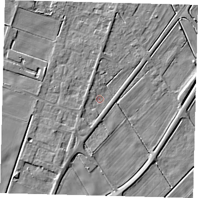 Shaded relief map of the ground around PE60HX, computed from Environment Agency LiDAR. The ground here sits at about 1 m above sea level and falls 4 m across the surrounding 800 m. Surface water reaching this point runs off ground lying to the south-west, 1.9 m higher.