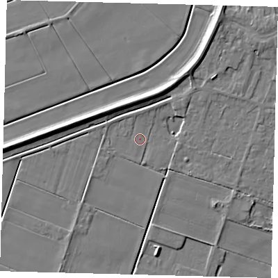 Shaded relief map of the ground around PE60HZ, computed from Environment Agency LiDAR. The ground here sits at about 3 m above sea level and falls 7 m across the surrounding 800 m. Surface water reaching this point runs off ground lying to the north, 1.1 m higher.