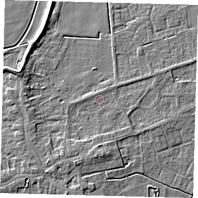 Shaded relief map of the ground around PE60JA, computed from Environment Agency LiDAR. The ground here sits at about 3 m above sea level and falls 7 m across the surrounding 800 m. Surface water reaching this point runs off ground lying to the south, 3.5 m higher.