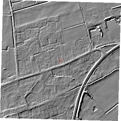Shaded relief map of the ground around PE60JB, computed from Environment Agency LiDAR. The ground here sits at about 2 m above sea level and falls 6 m across the surrounding 800 m. Surface water reaching this point runs off ground lying to the south, 0.9 m higher.