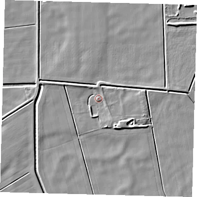 Shaded relief map of the ground around PE60JD, computed from Environment Agency LiDAR. The ground here sits at about 2 m above sea level and falls 6 m across the surrounding 800 m. Surface water reaching this point runs off ground lying to the south-south-east, 3.6 m higher.