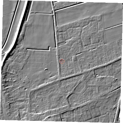 Shaded relief map of the ground around PE60JG, computed from Environment Agency LiDAR. The ground here sits at about 2 m above sea level and falls 7 m across the surrounding 800 m. Surface water reaching this point runs off ground lying to the south, 1.1 m higher.