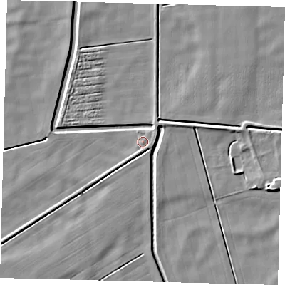Shaded relief map of the ground around PE60JH, computed from Environment Agency LiDAR. The ground here sits at about 2 m above sea level and falls 6 m across the surrounding 800 m. Surface water reaching this point runs off ground lying to the east-north-east, 1.2 m higher.