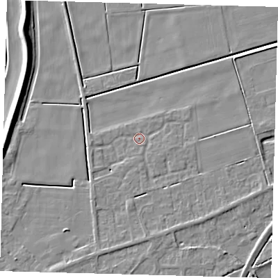 Shaded relief map of the ground around PE60JJ, computed from Environment Agency LiDAR. The ground here sits at about 2 m above sea level and falls 7 m across the surrounding 800 m. Surface water reaching this point runs off ground lying to the south-south-west, 2.9 m higher.